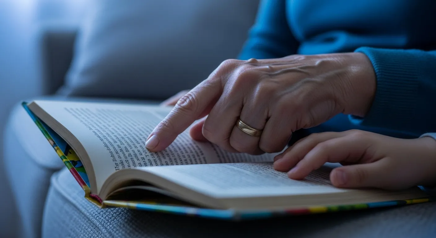 Macro shot of a grandparent and child's hands over an open storybook on a sofa at dusk, symbolizing a shared moment.