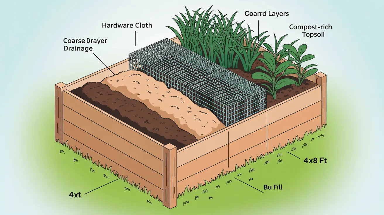 Raised bed soil layers cutaway