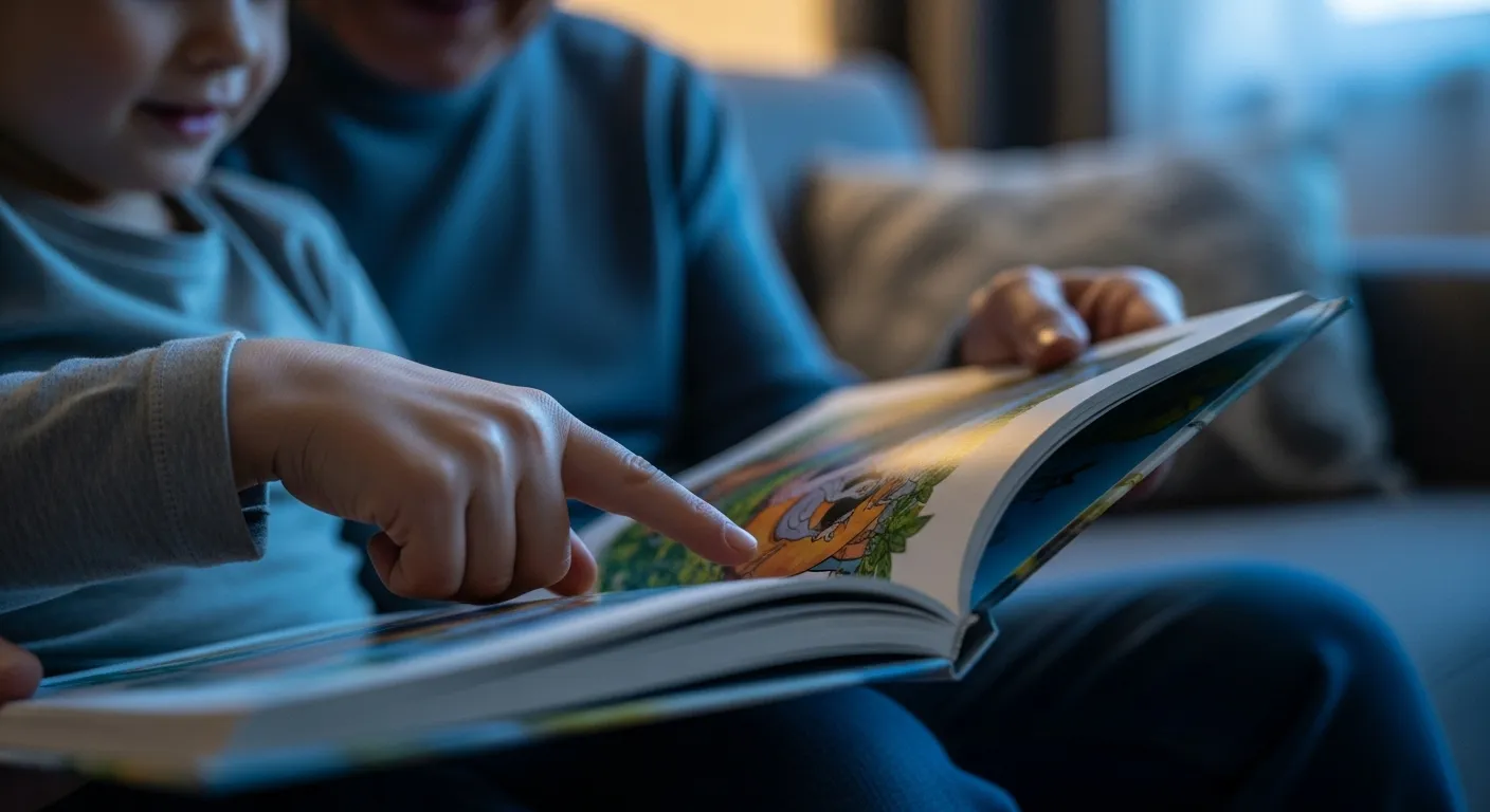 Macro view of a child's finger pointing at a book page, with a grandparent's hand steadying it on a sofa at dusk.