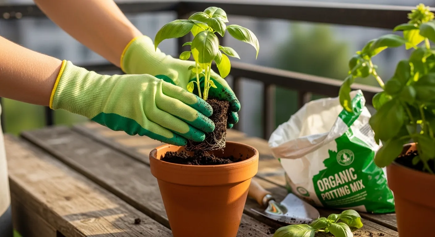 A person wearing gardening gloves is potting a small basil plant into a container on their sunny balcony.