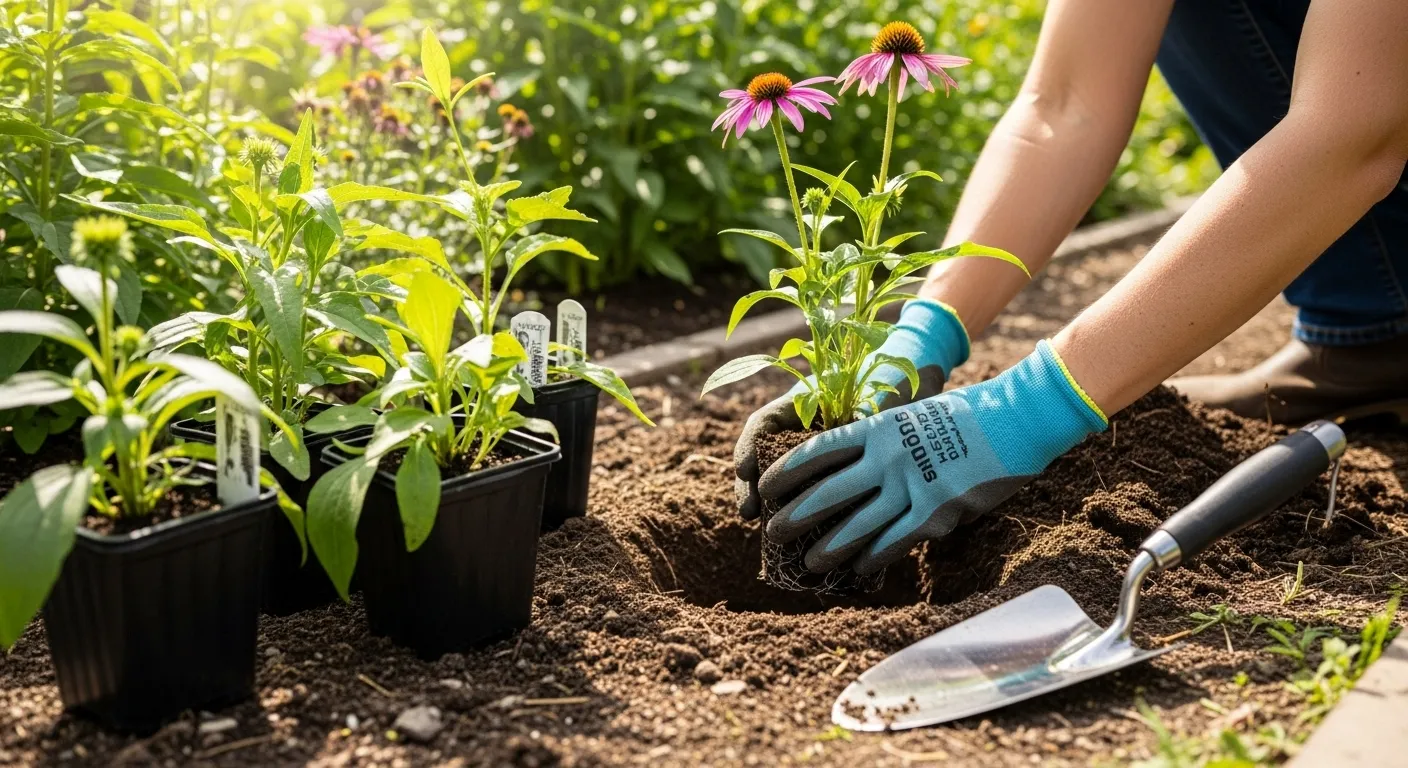 A gardener's hands wearing gloves planting a small native perennial in a sunny, low-water pollinator garden bed.