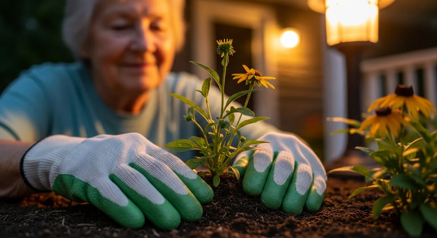 Close-up of a senior's hands in gloves planting a seedling in the evening, with a look of contentment on their face.
