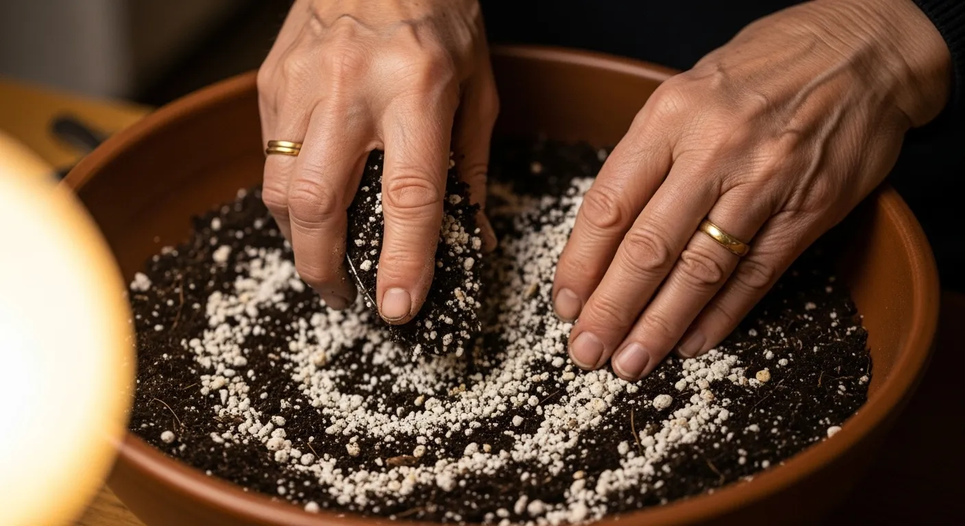 A close-up of a senior's hands mixing potting soil and perlite in a bowl, under the warm glow of a lamp in the evening.