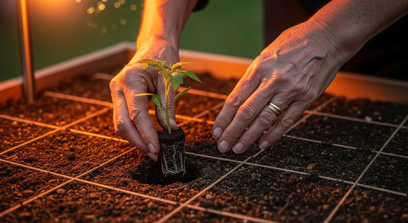 A close-up of a senior's hands planting a seedling in a raised garden bed, lit by a warm evening lamp.