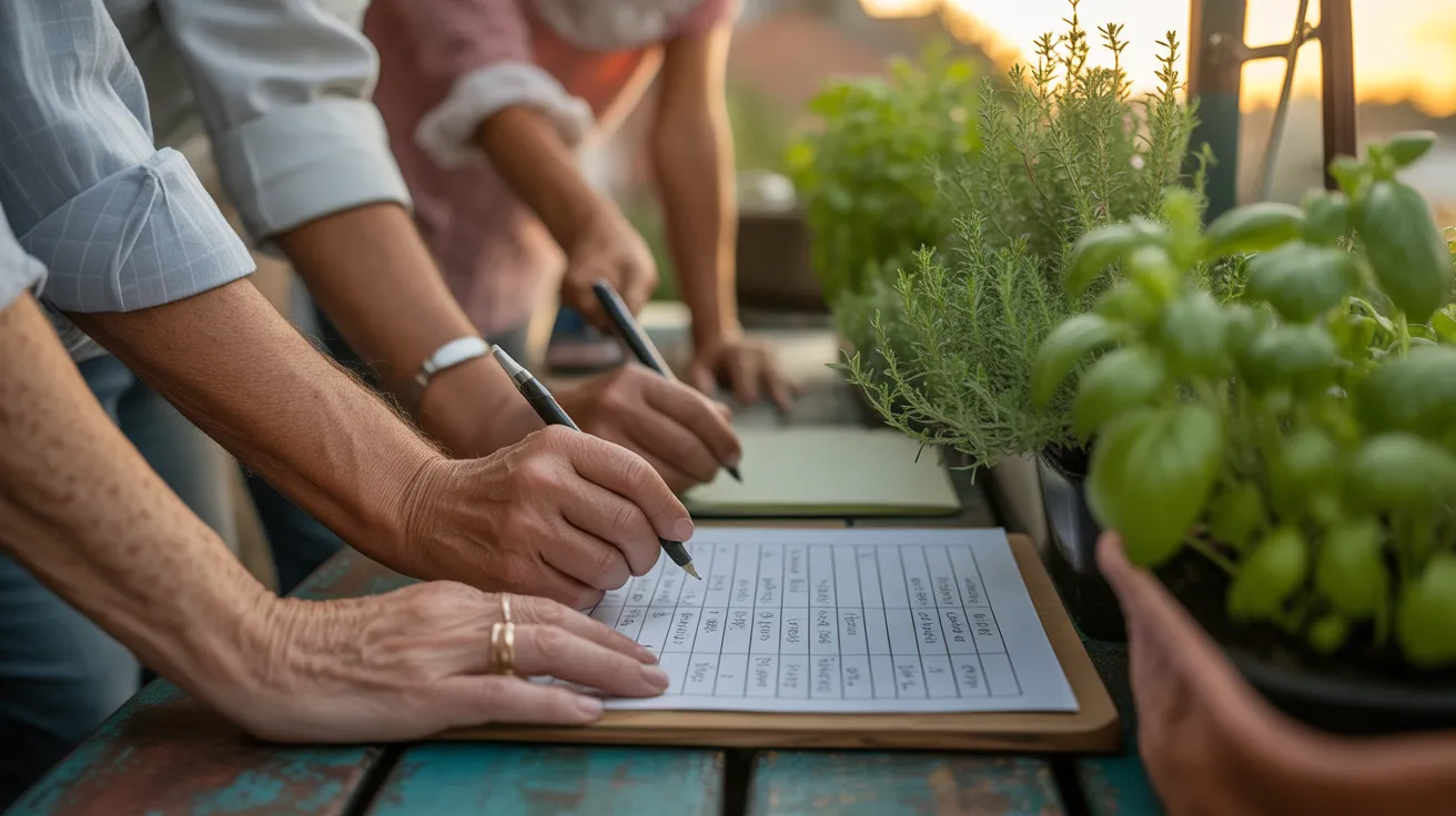 Close-up on the hands of older friends joyfully creating a watering schedule for their balcony herb garden at sunset.
