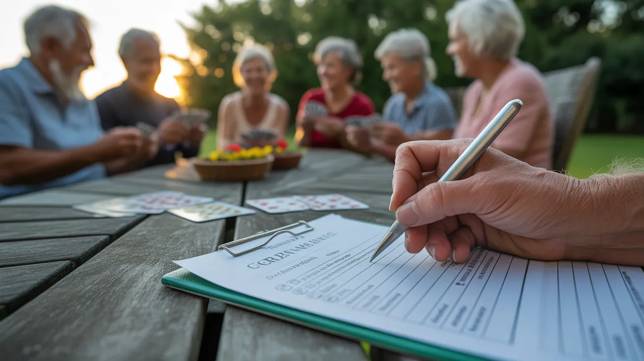 A close-up of a hand writing on a garden checklist on a patio table, with friends playing cards in the background at sunset.