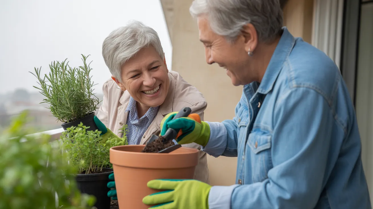Two happy seniors working together, planting a container herb garden on their balcony during the day.