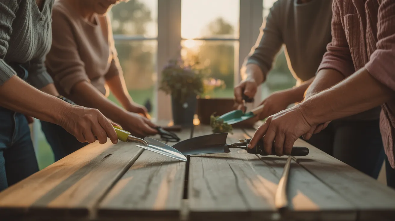 A close-up on the hands of older friends sitting in a sunroom at golden hour, carefully cleaning their garden tools together.