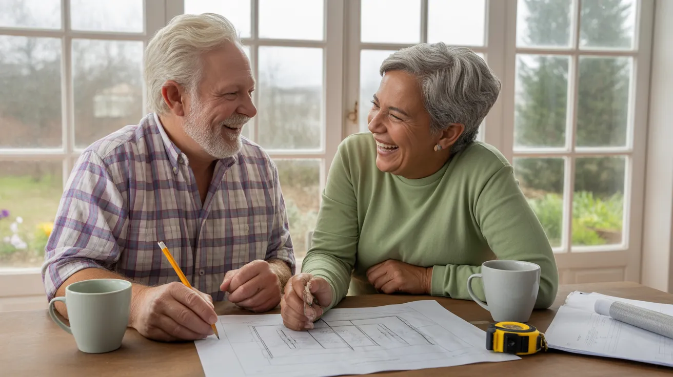 Two smiling seniors review DIY plans for a raised garden bed at their kitchen table, planning their weekend project over coffee.