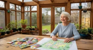 A senior woman smiling as she sits at a sun-drenched table, planning her raised bed garden with sketches and seed packets.