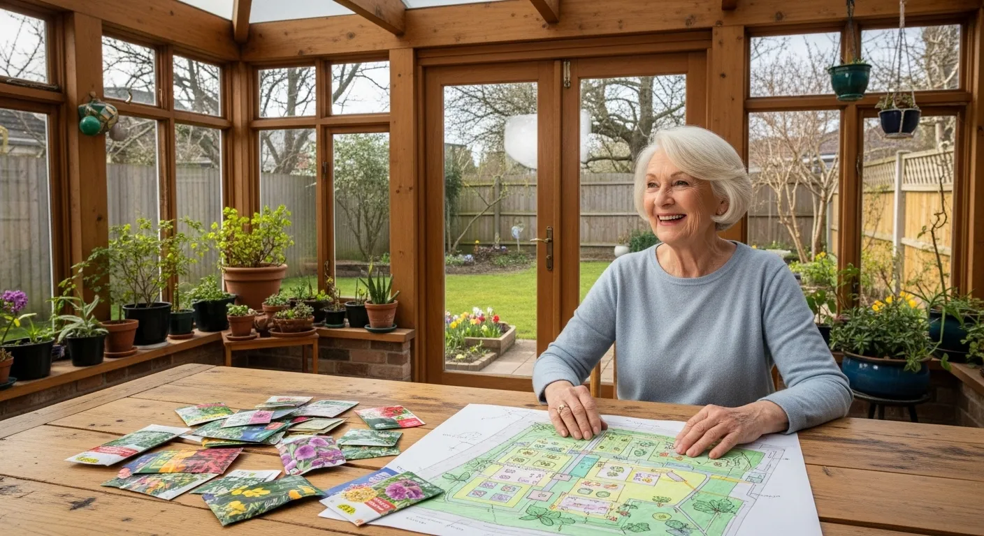 A senior woman smiling as she sits at a sun-drenched table, planning her raised bed garden with sketches and seed packets.