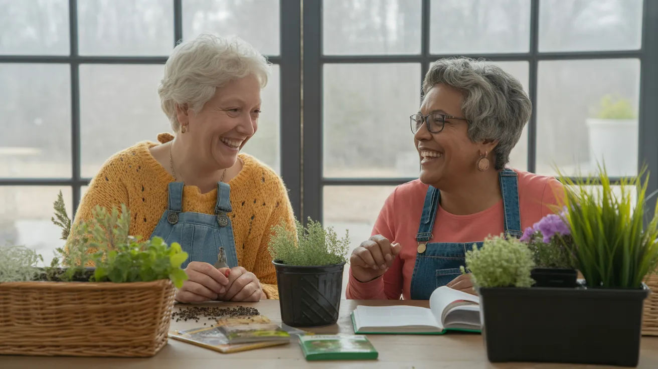 Two smiling seniors joyfully planning a native plant garden at their sunlit kitchen table, surrounded by seed packets and books.