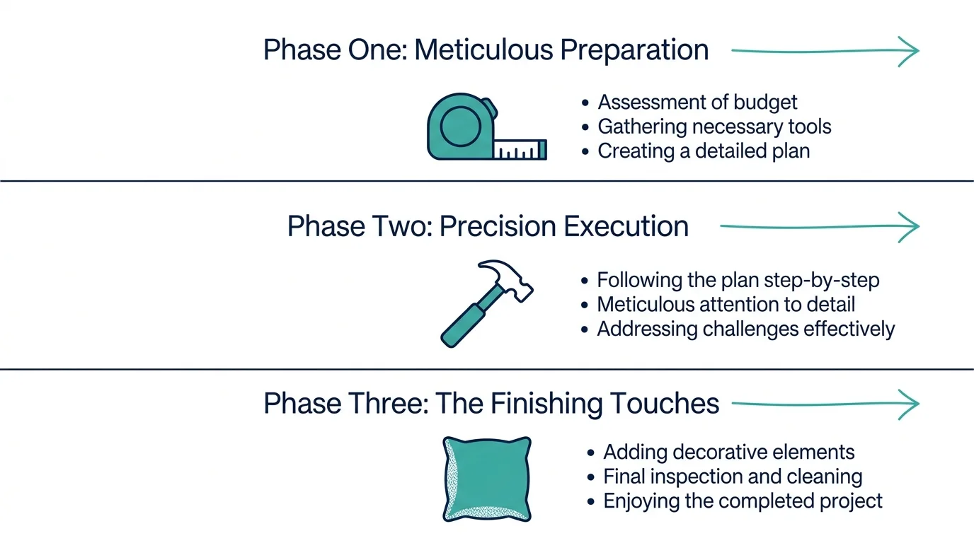 A 3-step flowchart showing the phases of a DIY project: Preparation, Execution, and Finishing Touches.