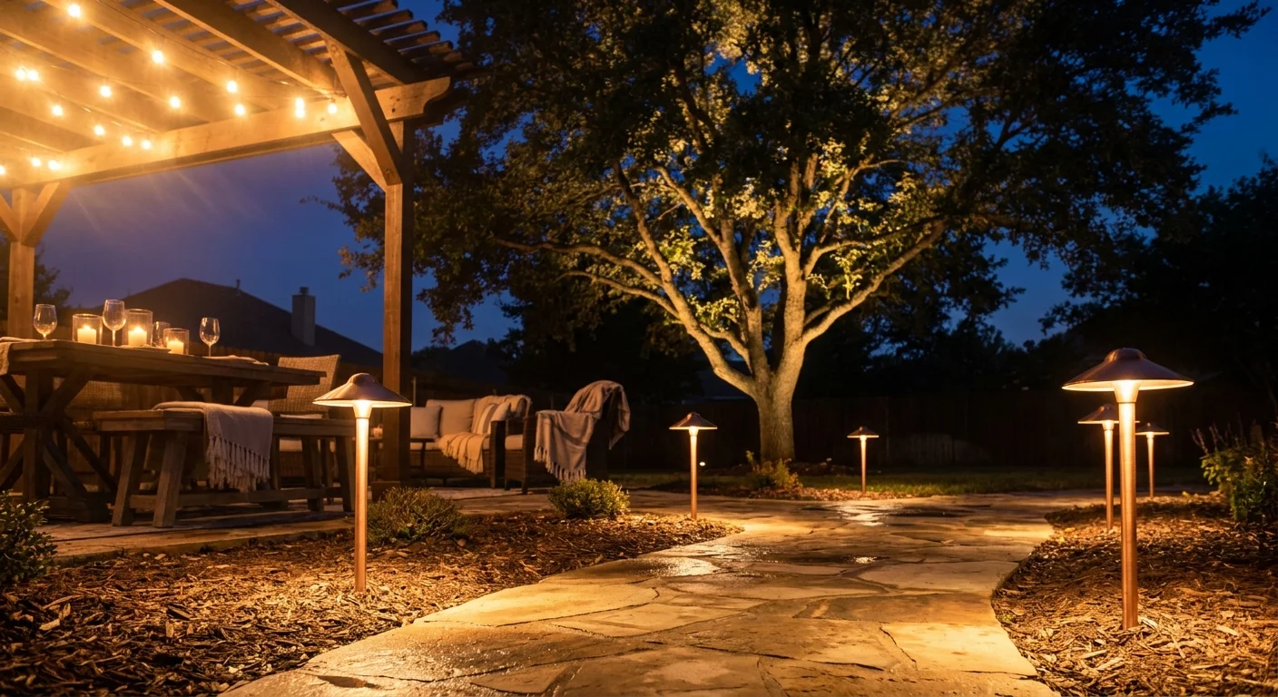 A backyard at night illuminated by warm path lights, string lights, and subtle tree uplighting.