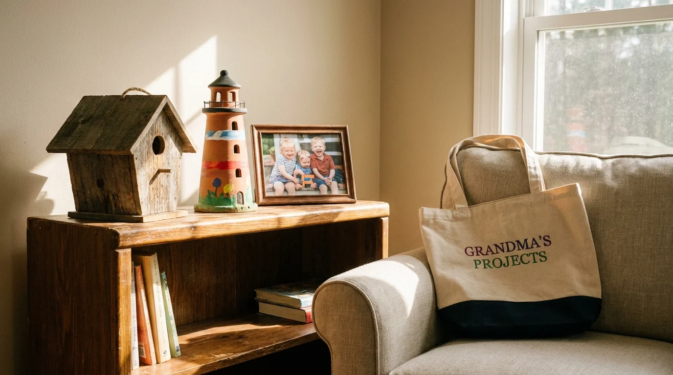 A beautifully styled living room shelf displaying a handmade birdhouse, a painted lighthouse, and a family photo.