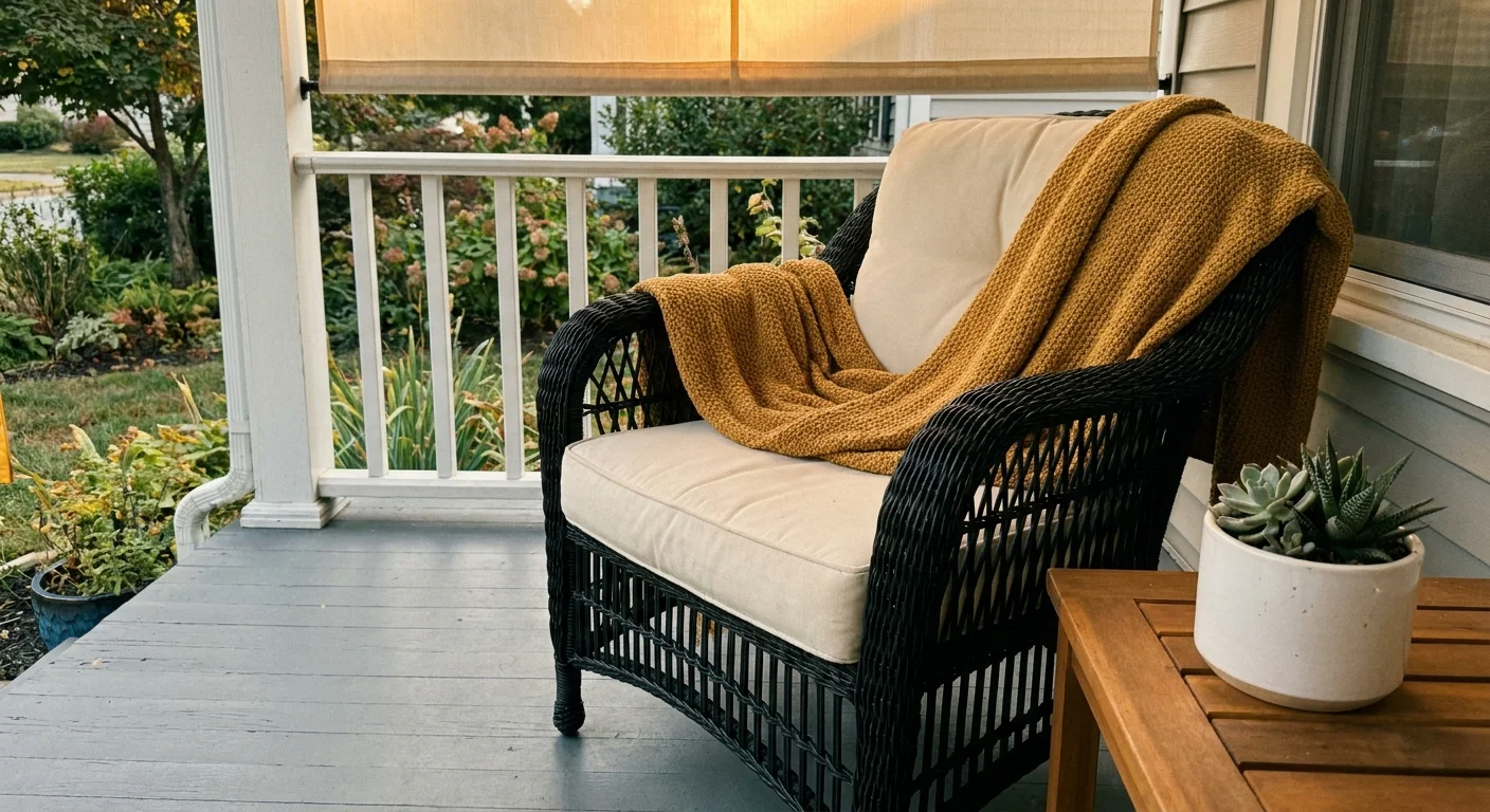 A black wicker chair with a yellow blanket and a small side table on a porch.
