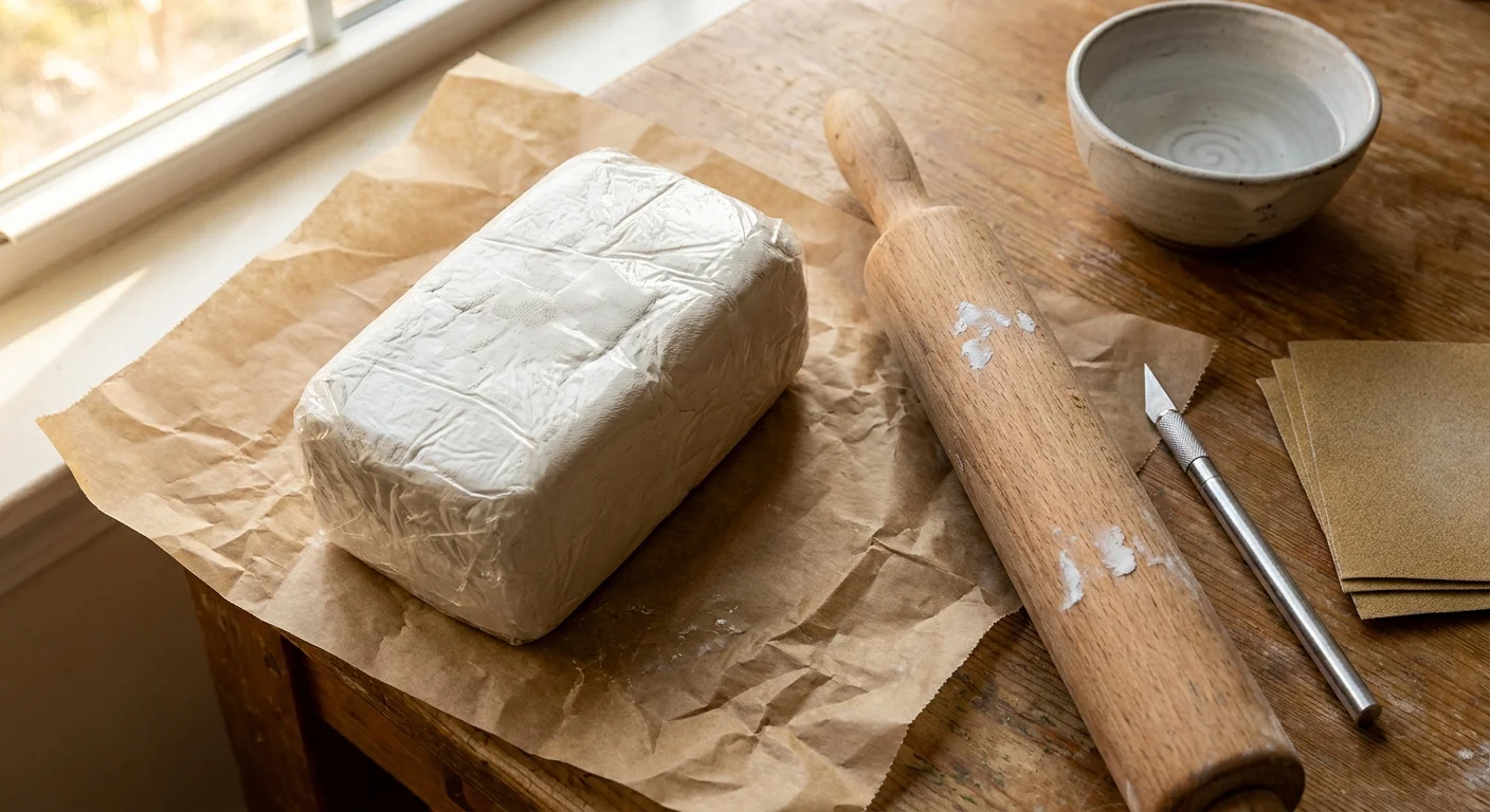A block of white air-dry clay, a wooden rolling pin, a craft knife, and sandpaper on a table.