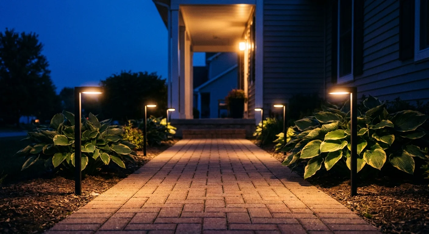 A brick walkway at dusk illuminated by several small, modern black path lights.