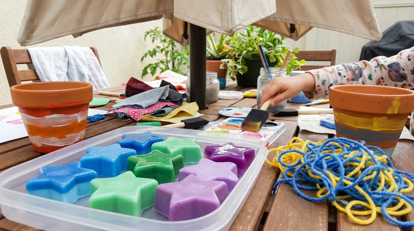 A candid overhead photo of a patio table covered in colorful craft supplies including soaps, yarn, and painted pots.