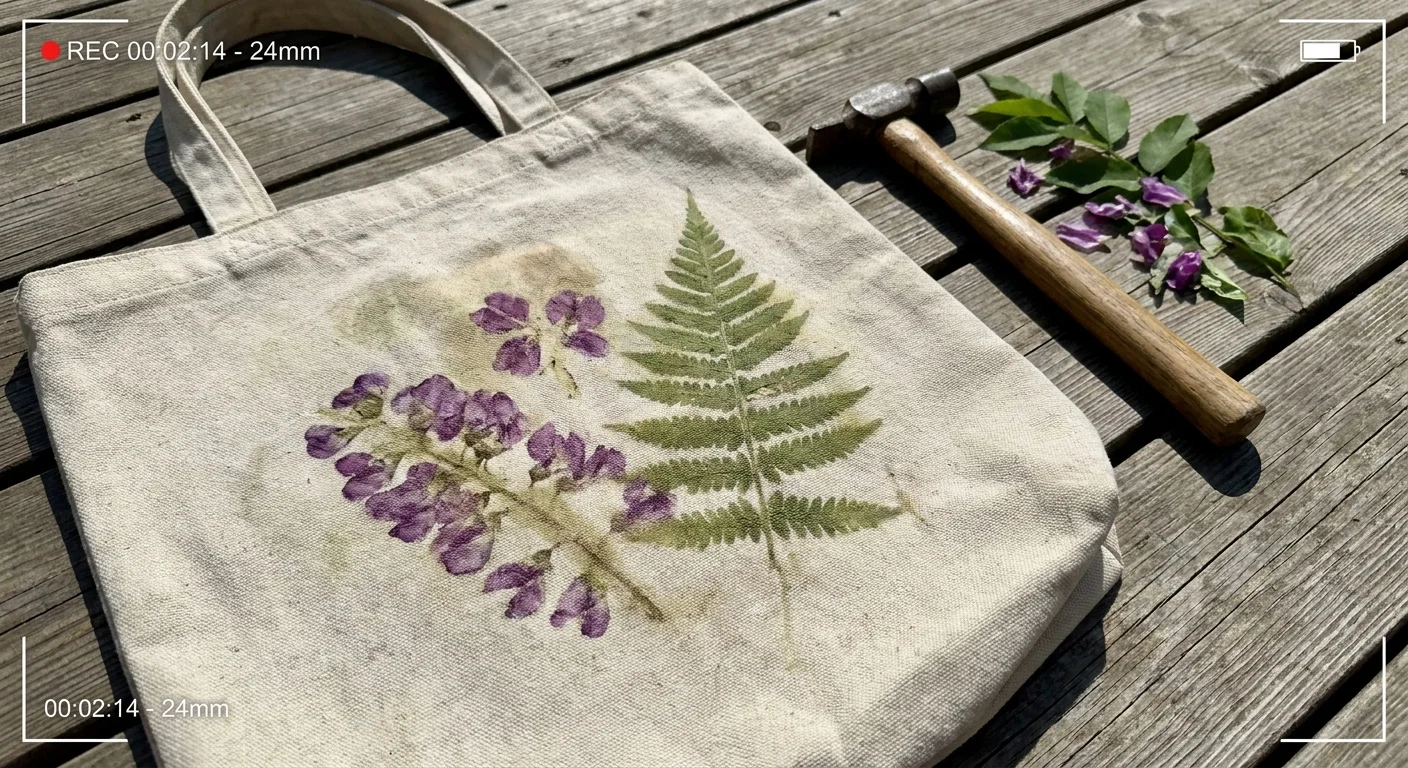 A canvas tote bag featuring natural green leaf and purple flower imprints from botanical dyeing.