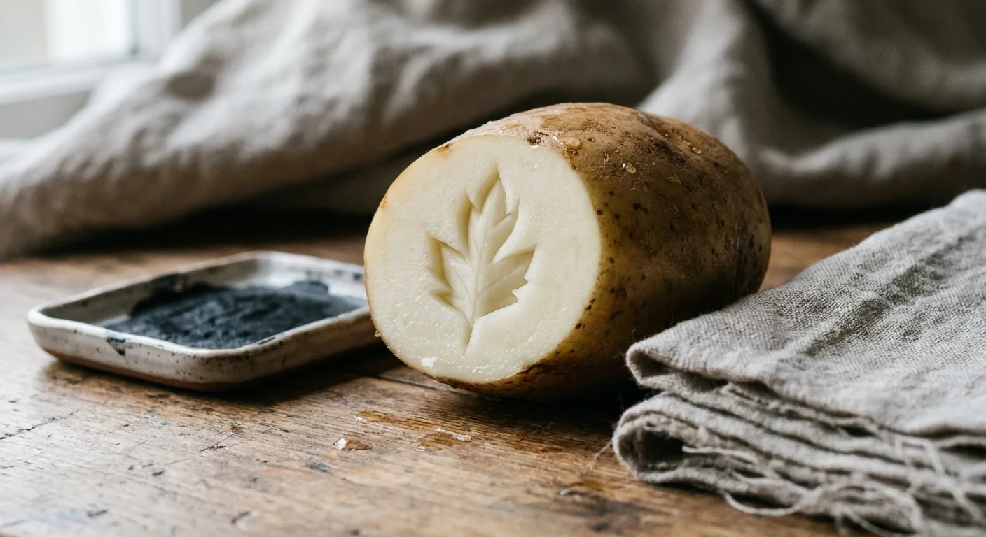 A carved potato stamp next to a tray of fabric ink and a stack of linen fabric.