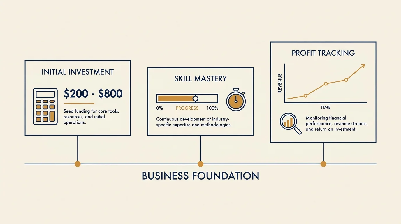 A clean business planning diagram showing an initial investment range of two hundred to eight hundred dollars.