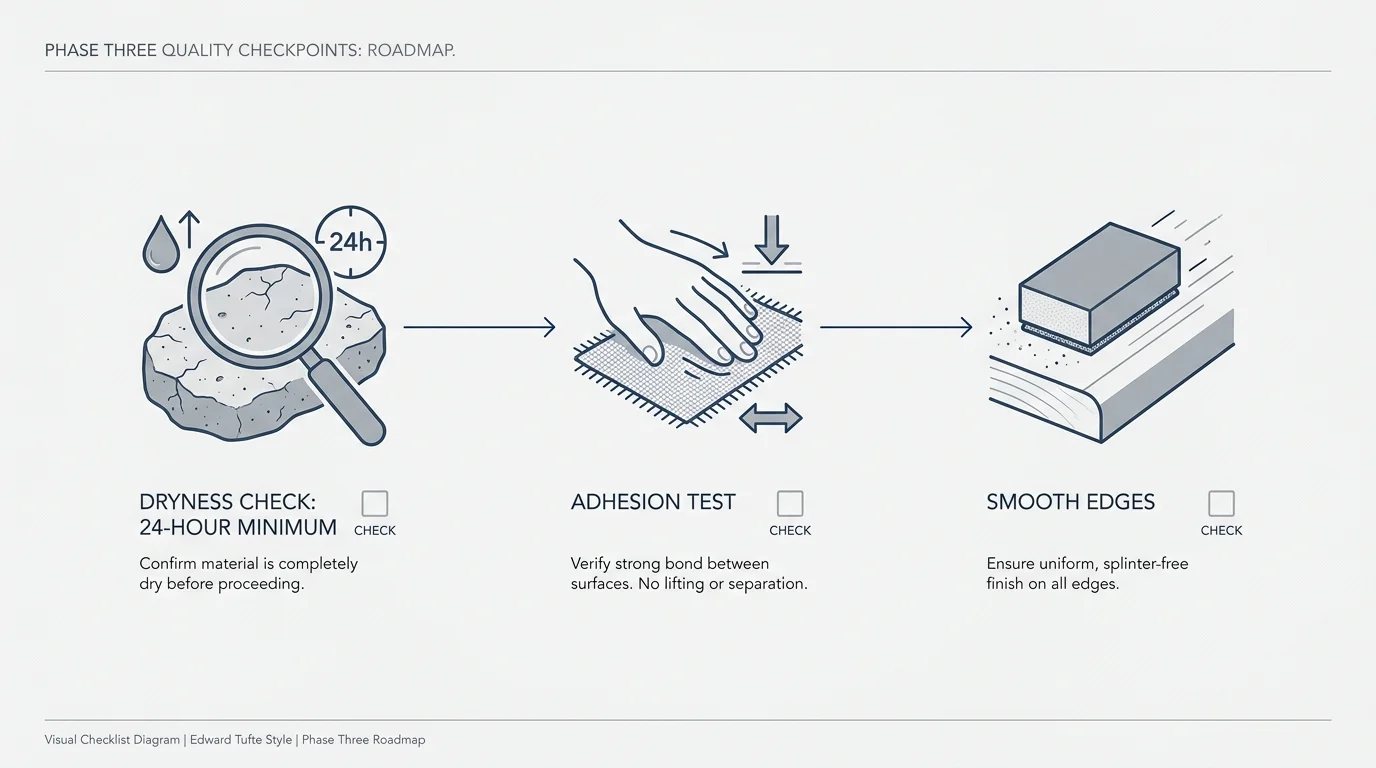 A clean diagram showing a checklist for project finishing, including a 24-hour dryness check and smoothing edges.