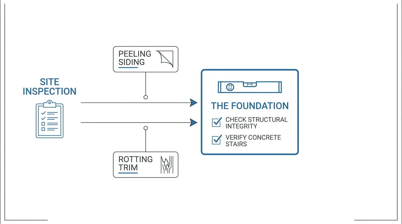 A clean, professional diagram outlining the planning steps for a porch renovation, including structural inspection and site assessment.