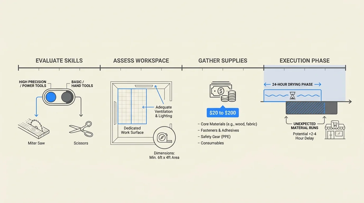A clean technical diagram showing a DIY project timeline from skill assessment to a 24-hour drying phase.