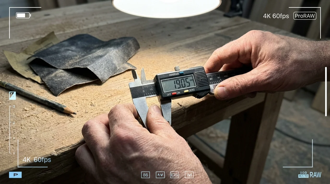 A close-up of a craftsman using digital calipers to ensure the precision and quality of a wood project.