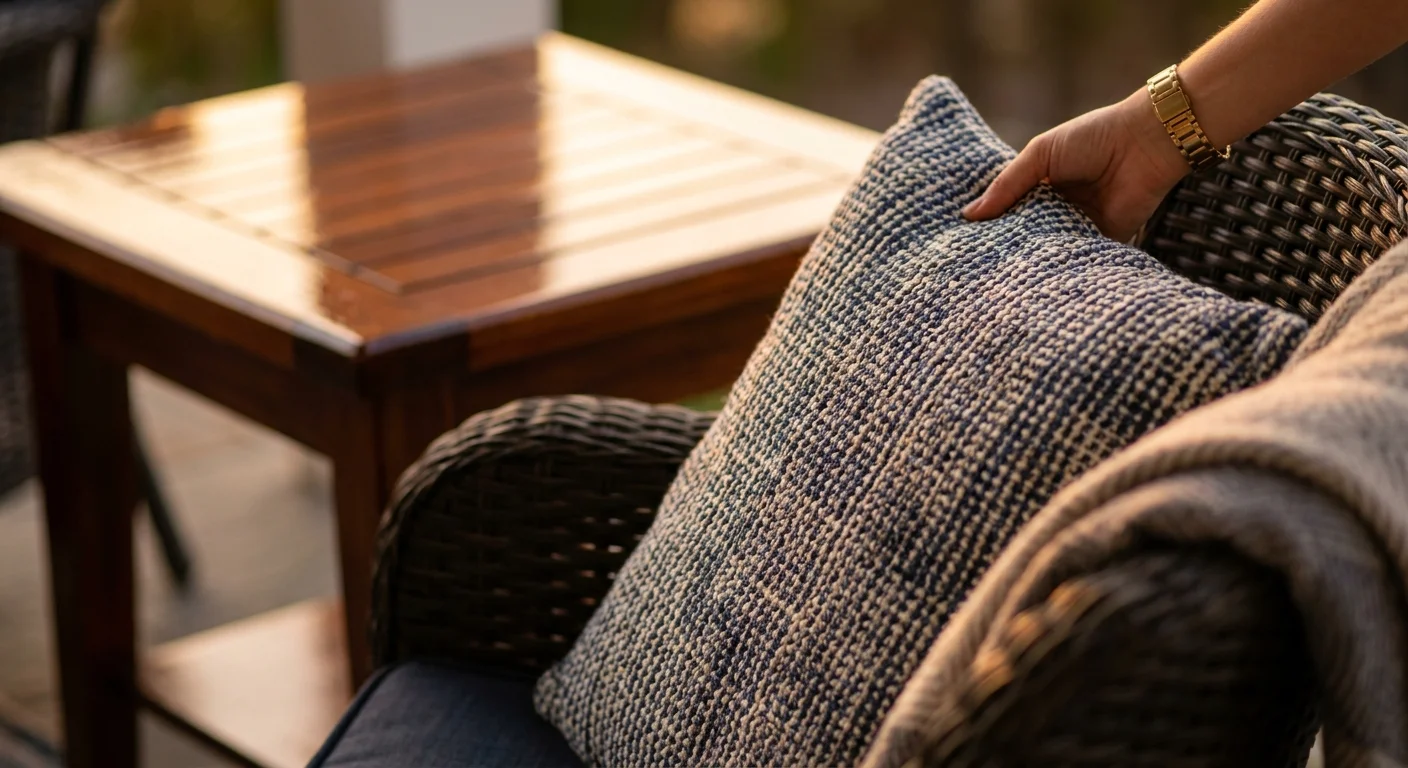 A close-up of a hand placing a decorative pillow on an outdoor chair to finish a patio setup.