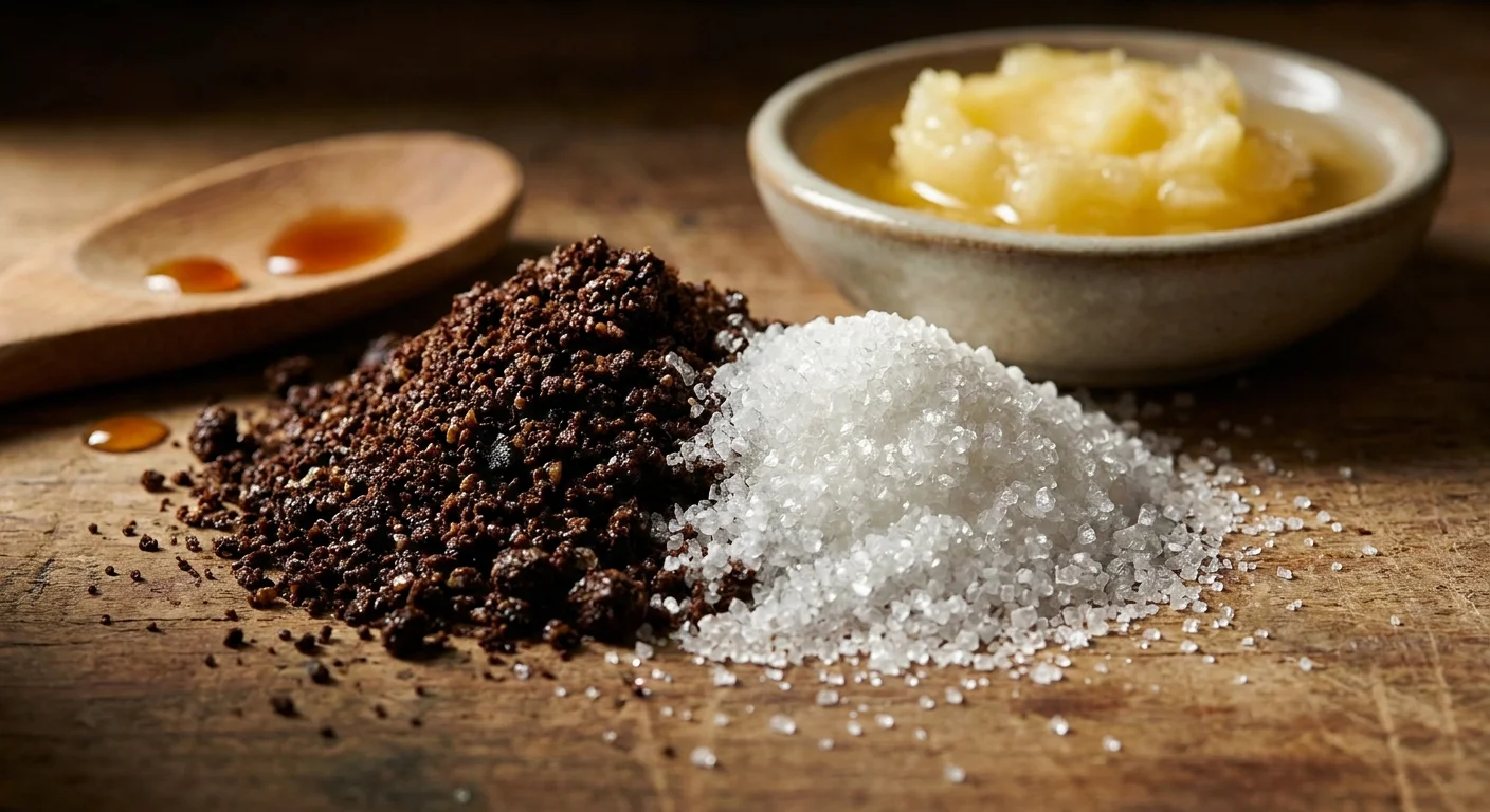 A close-up of dark coffee grounds, white sugar crystals, and golden coconut oil.