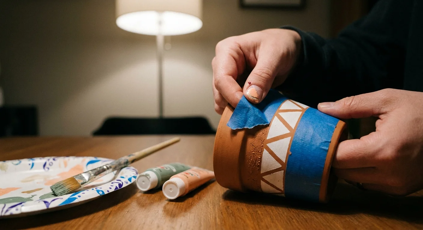 A close-up of hands removing painter's tape from a terracotta pot to reveal a geometric design.
