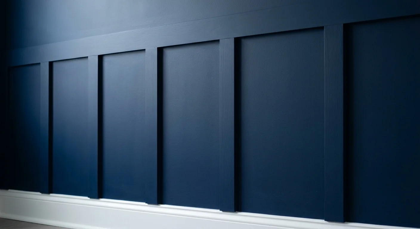 A close-up of navy blue board and batten molding with clean lines and white baseboards.