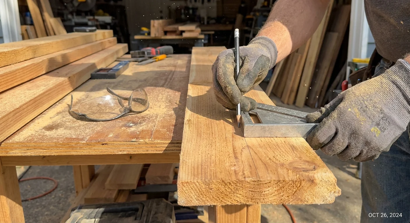 A close-up photo of a person using a speed square to mark a precise cut on a piece of cedar wood.