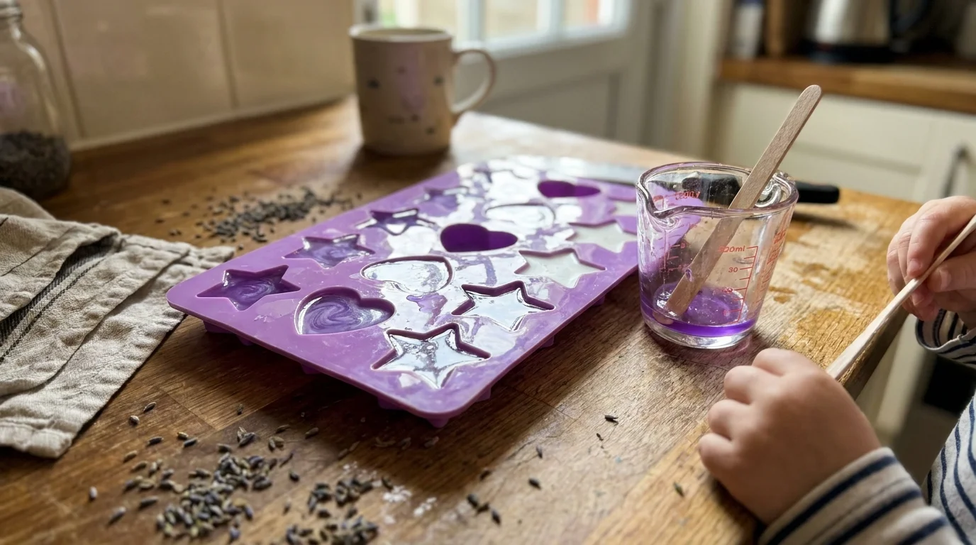 A close-up photo of a star-shaped soap mold being filled with purple and white scented soap on a kitchen counter.