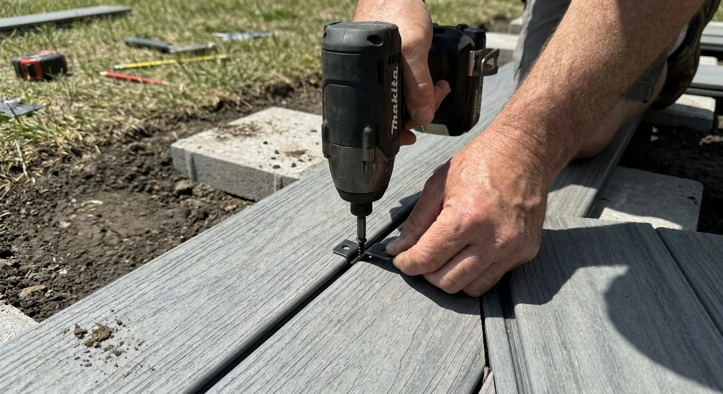 A close-up photo of hands installing composite decking boards using hidden clips on a floating deck foundation.