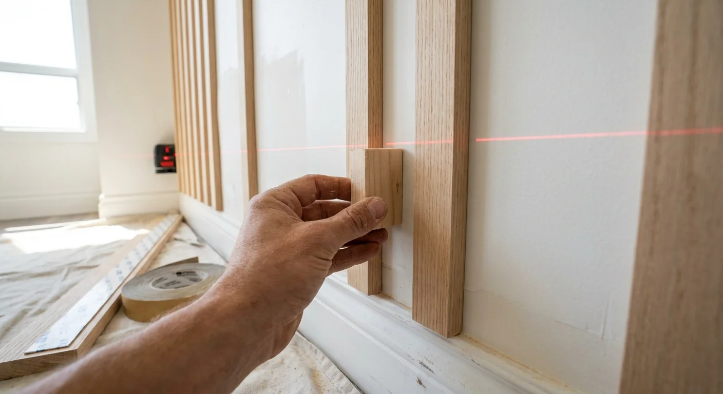 A close-up photo of hands using a wood spacer and laser level to install a vertical slat wall.
