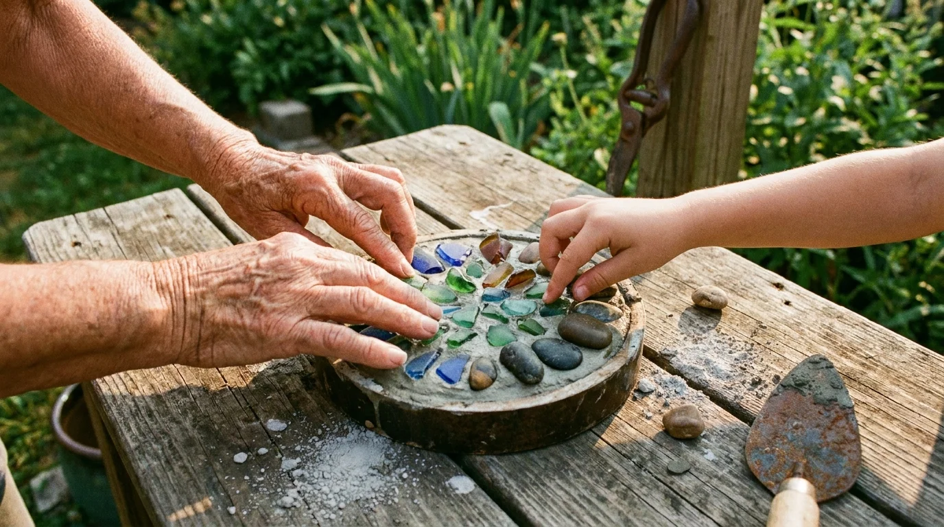 A close-up photograph of a grandparent and grandchild's hands pressing colorful glass pieces into a wet concrete stepping stone mold.