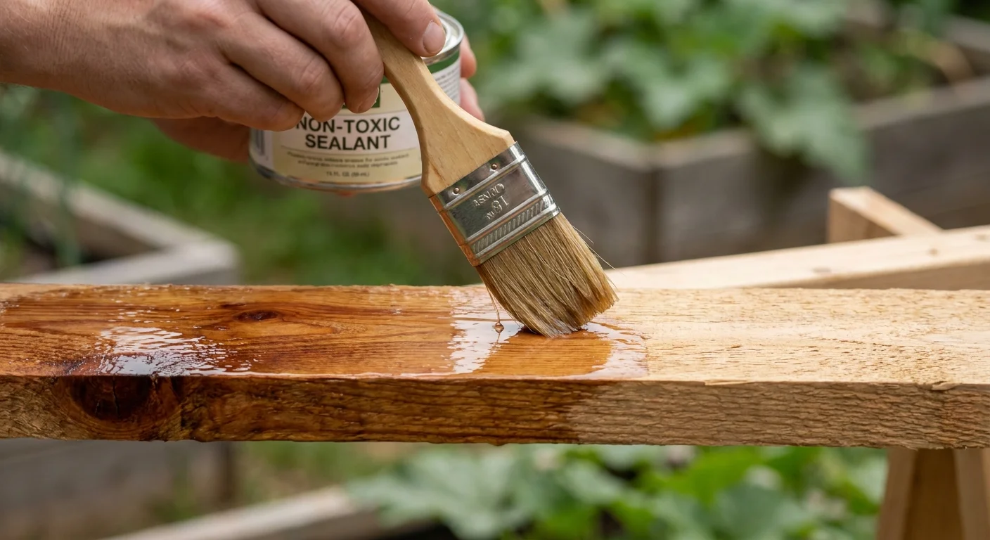 A close-up shot of a paintbrush applying clear sealant to a piece of cedar wood, highlighting the grain.