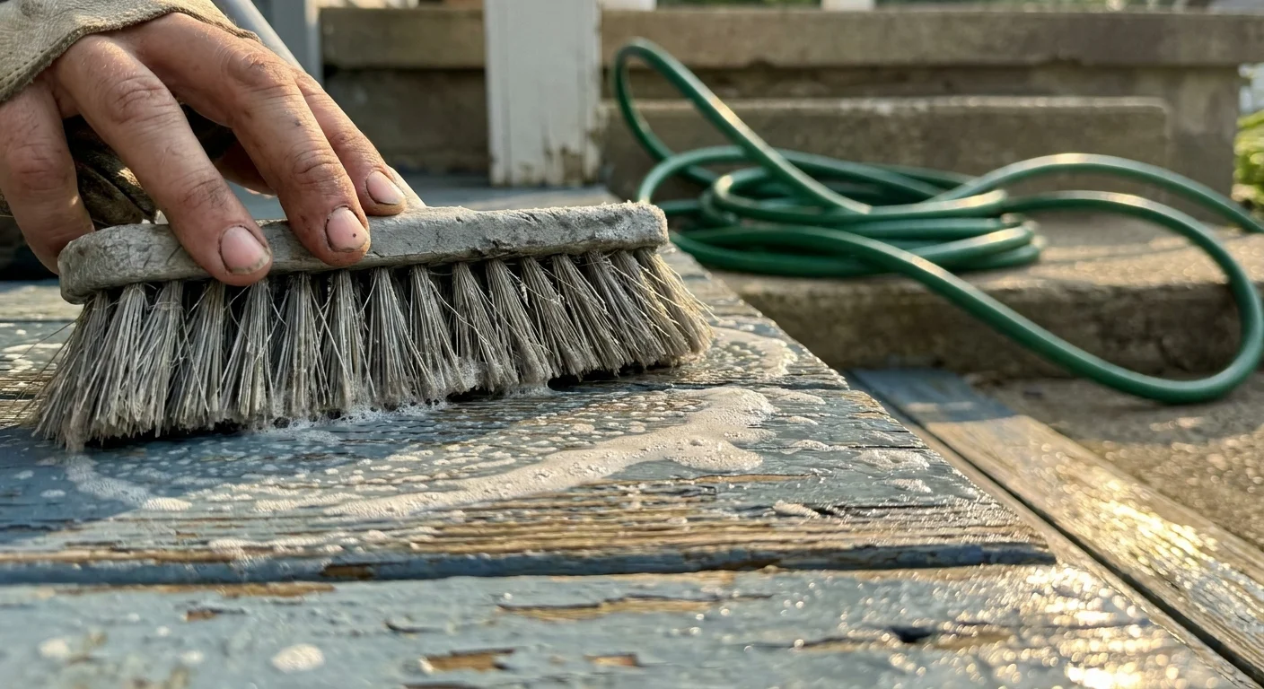 A close-up shot of a person scrubbing a wooden porch floor with a soapy brush and water.