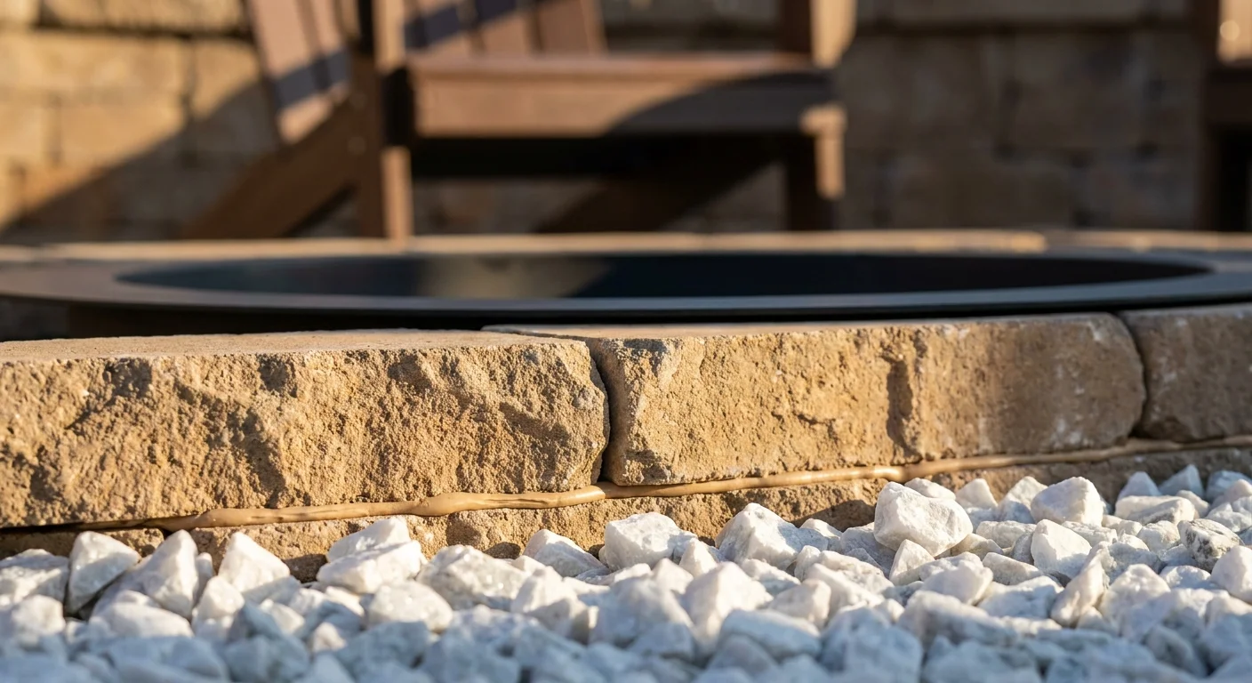 A close-up shot of white crushed marble gravel surrounding a stone block fire pit with a steel ring.