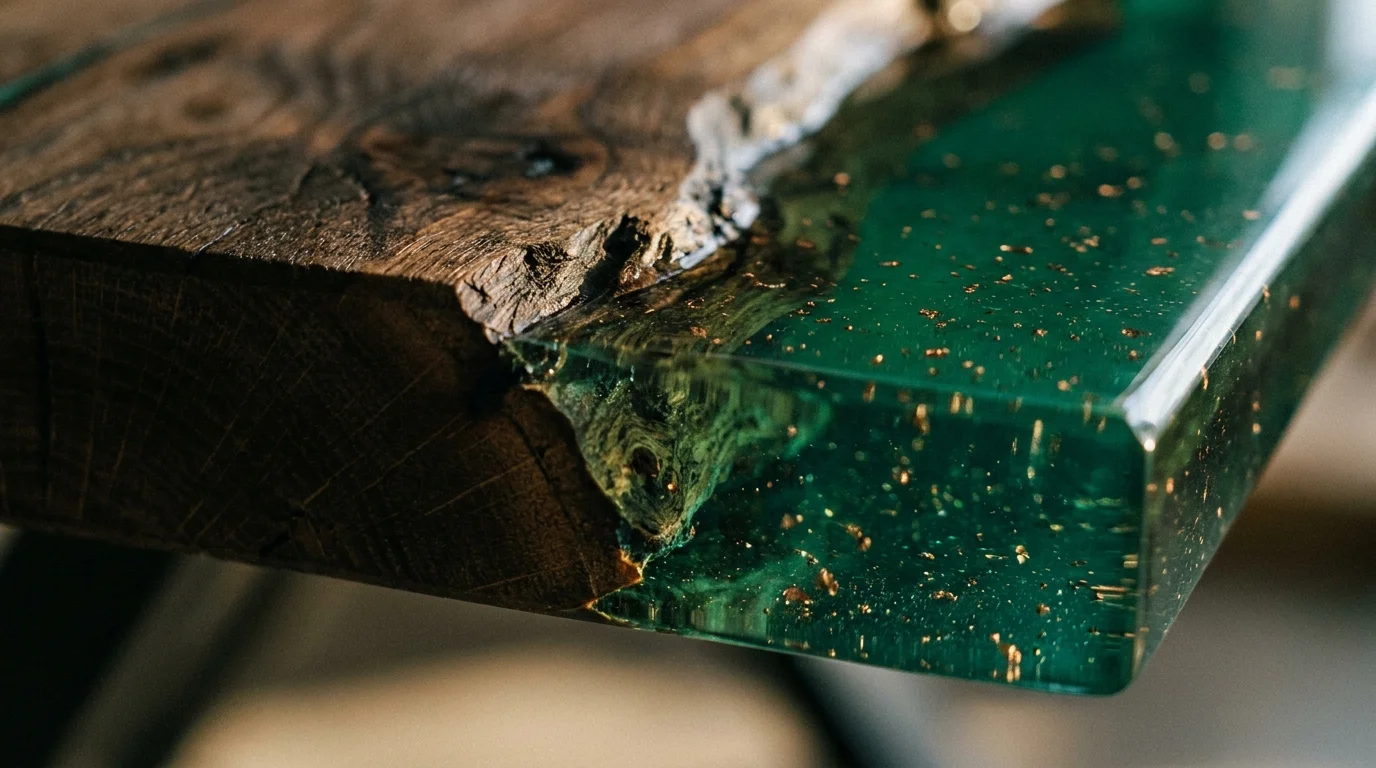 A close-up shot showing the detailed texture of a live-edge wood slab merging with translucent green epoxy resin.