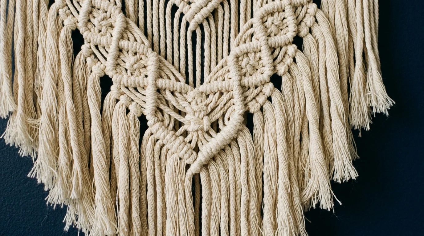 A close-up view of the intricate knots and cotton cord textures of a large macrame wall hanging.