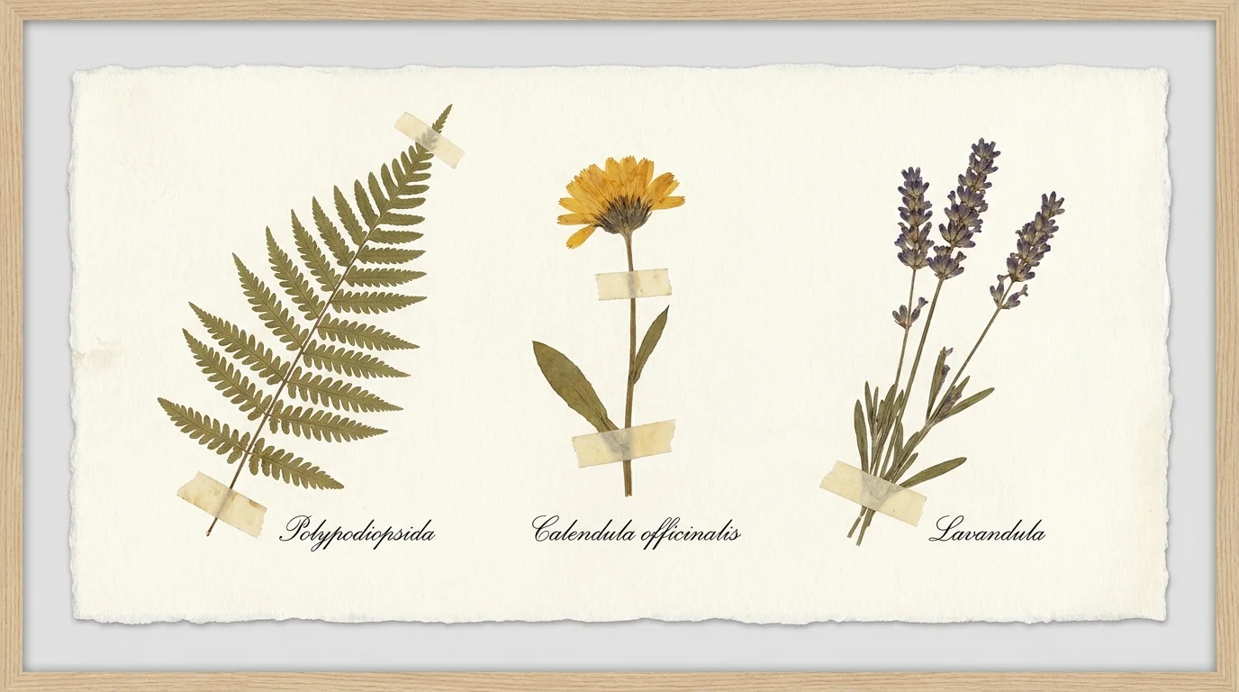A collage of pressed botanical specimens like ferns and flowers on vintage-style paper.