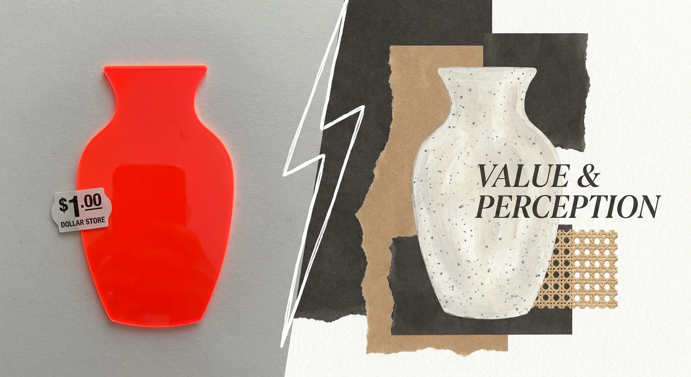 A collage showing a bright orange plastic vase transforming into a high-end stoneware texture.