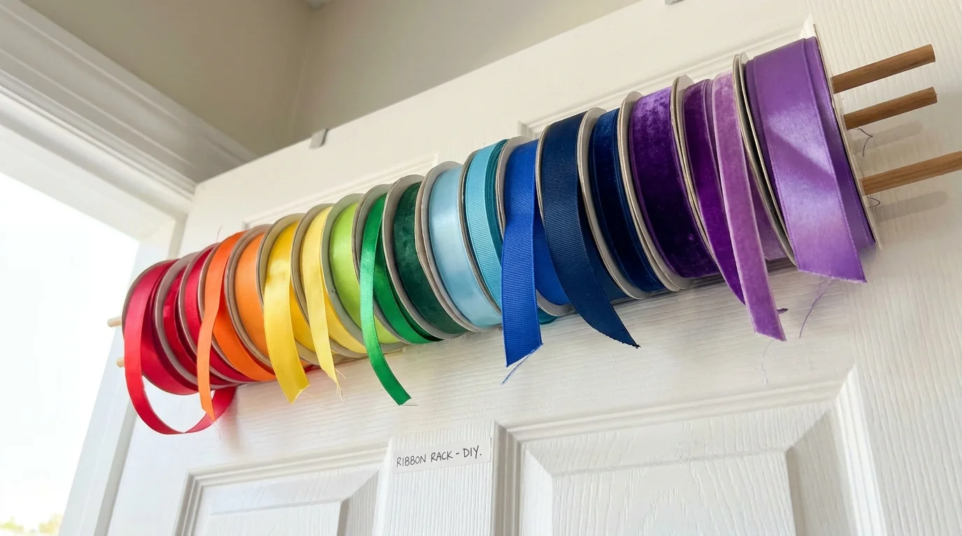 A colorful display of ribbon spools organized on a DIY rack behind a door.