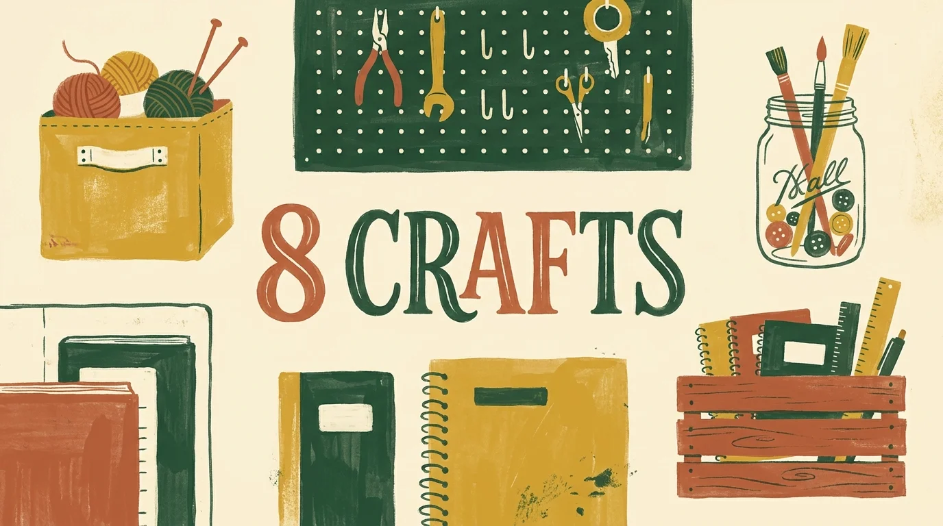 A colorful gouache illustration of various DIY storage items like crates, jars, and bins.