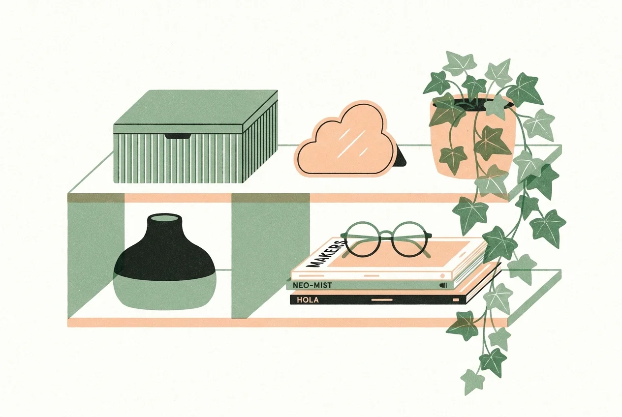 A colorful graphic illustration of styled shelves containing various DIY projects and personal items.