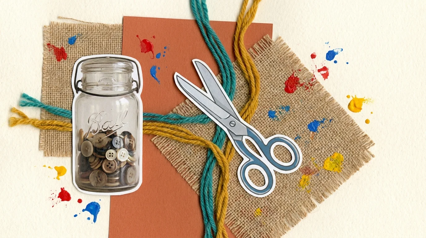A colorful mixed-media collage featuring textures of yarn, paper, and glass jars, representing different craft possibilities.